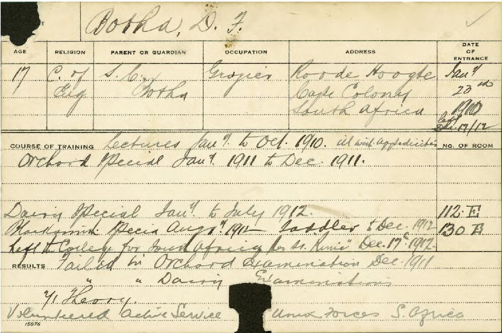 BOTHA, Douglas (Bertie) F (Special course - Dairy and Blacksmith and Saddlery)