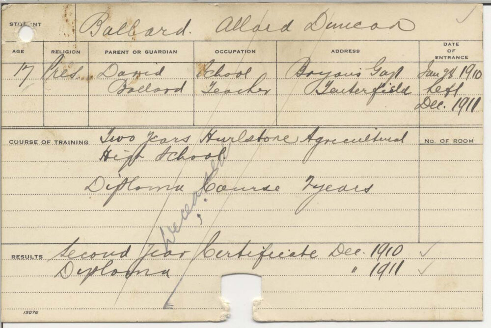 BALLARD, Allard Duncan (Hawkesbury Diploma of Agriculture (HDA))