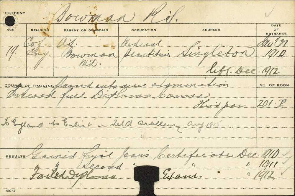 BOWMAN, Robert Stuart (Hawkesbury Diploma of Agriculture (HDA) - First and Second years certificates only)