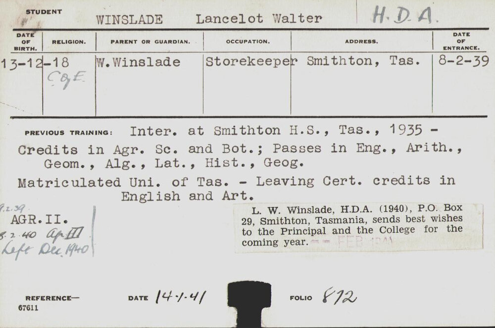 Winslade, Lancelot Walter (Hawkesbury Diploma of Agriculture (HDA))