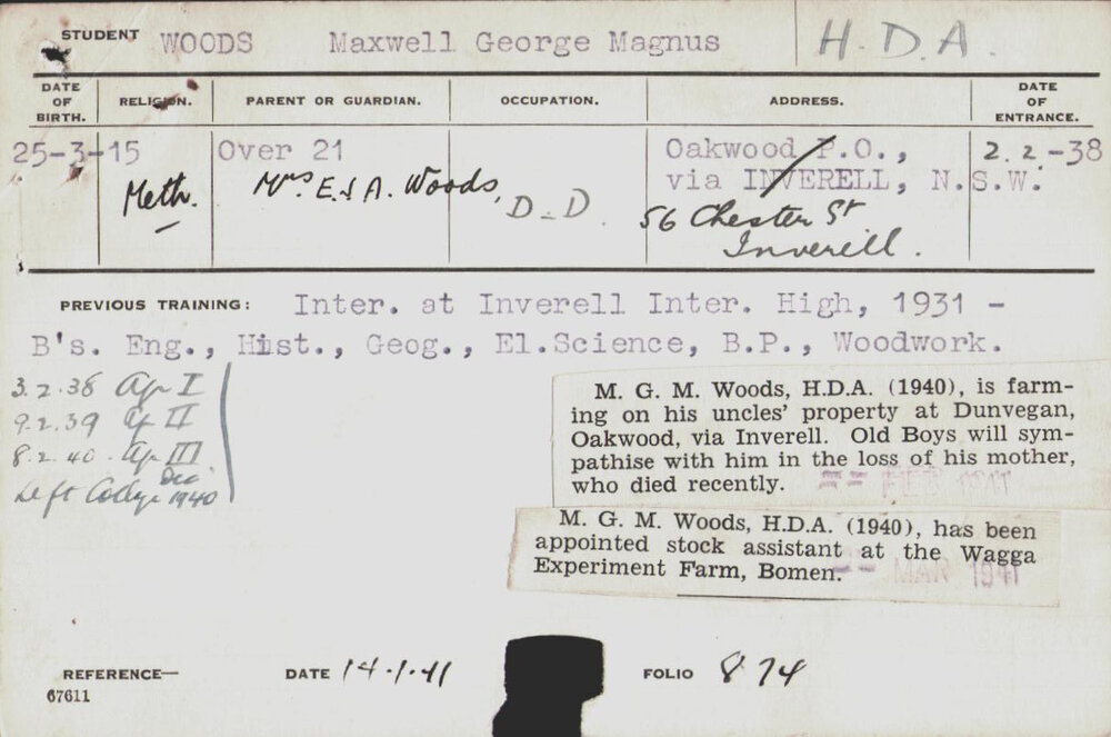 Woods, Maxwell George Magnus (Hawkesbury Diploma of Agriculture (HDA))