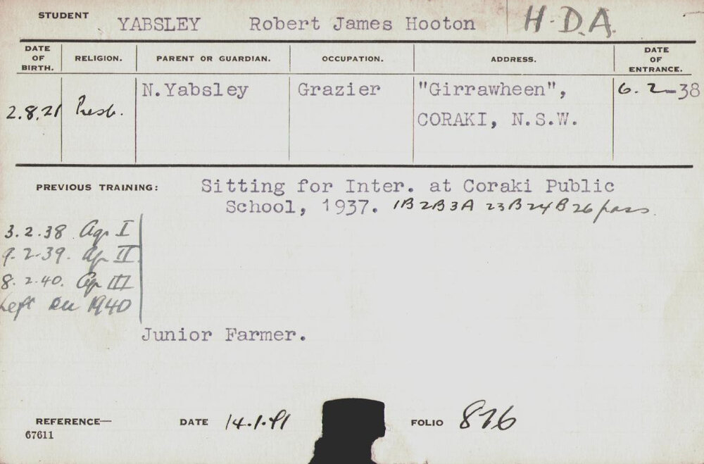 Yabsley, Robert James Hooton (Hawkesbury Diploma of Agriculture (HDA))