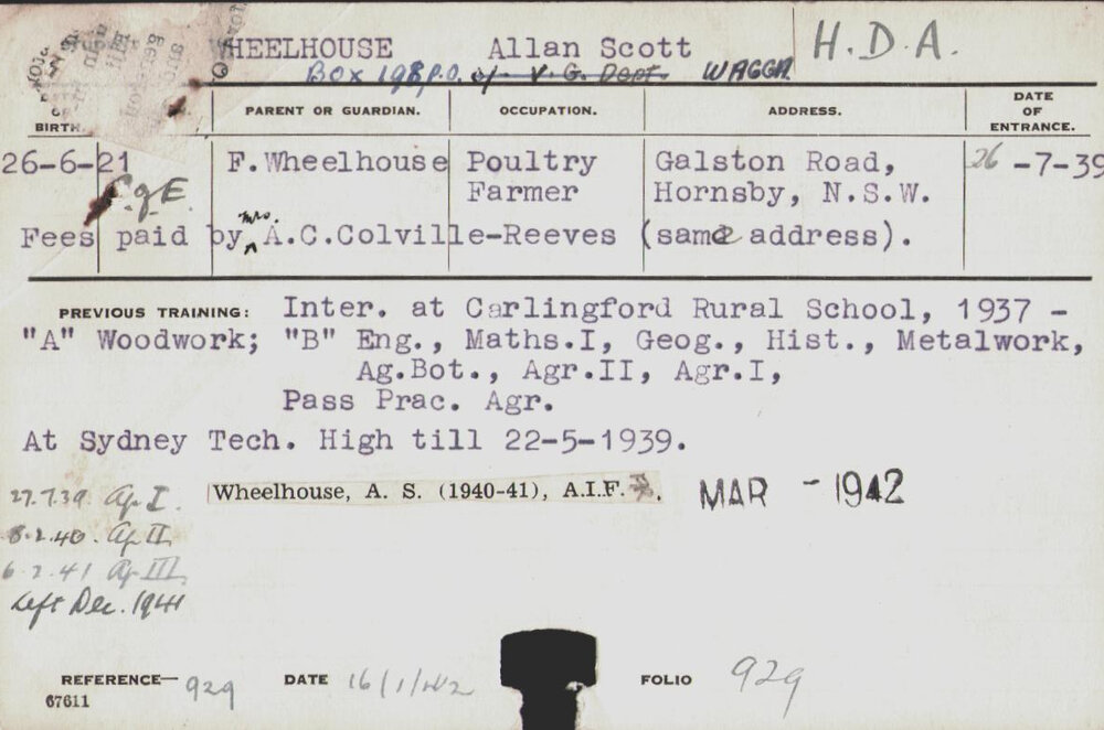 Wheelhouse, Allan Scott (Hawkesbury Diploma of Agriculture (HDA))