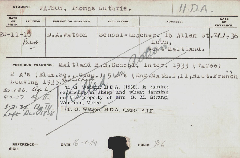 Watson, Thomas Guthrie (Hawkesbury Diploma of Agriculture (HDA))