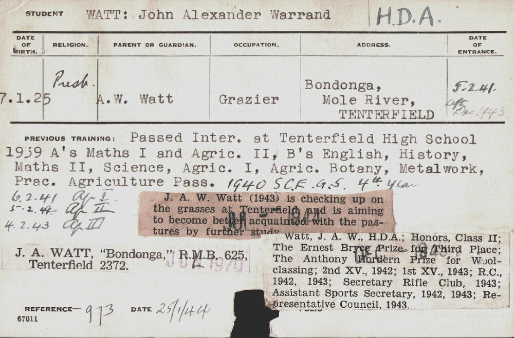 Watt, John Alexander Warrand (Hawkesbury Diploma of Agriculture (HDA))