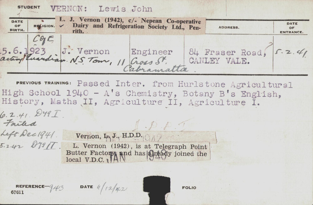 Vernon, Lewis John (Hawkesbury Diploma in Dairy (HDD))