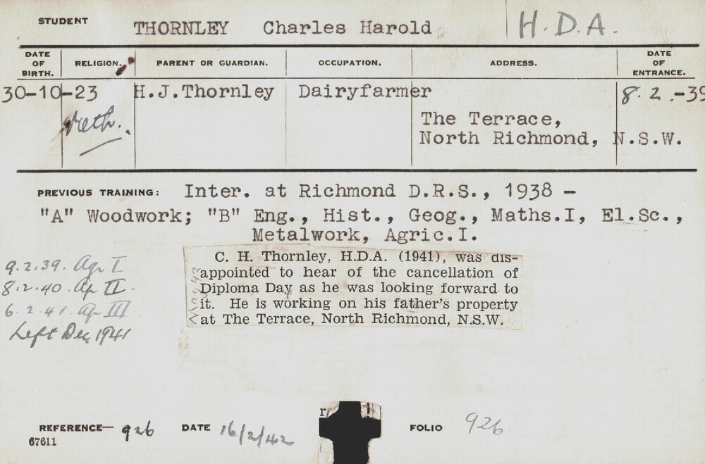 Thornley, Charles Harold (Hawkesbury Diploma of Agriculture (HDA))
