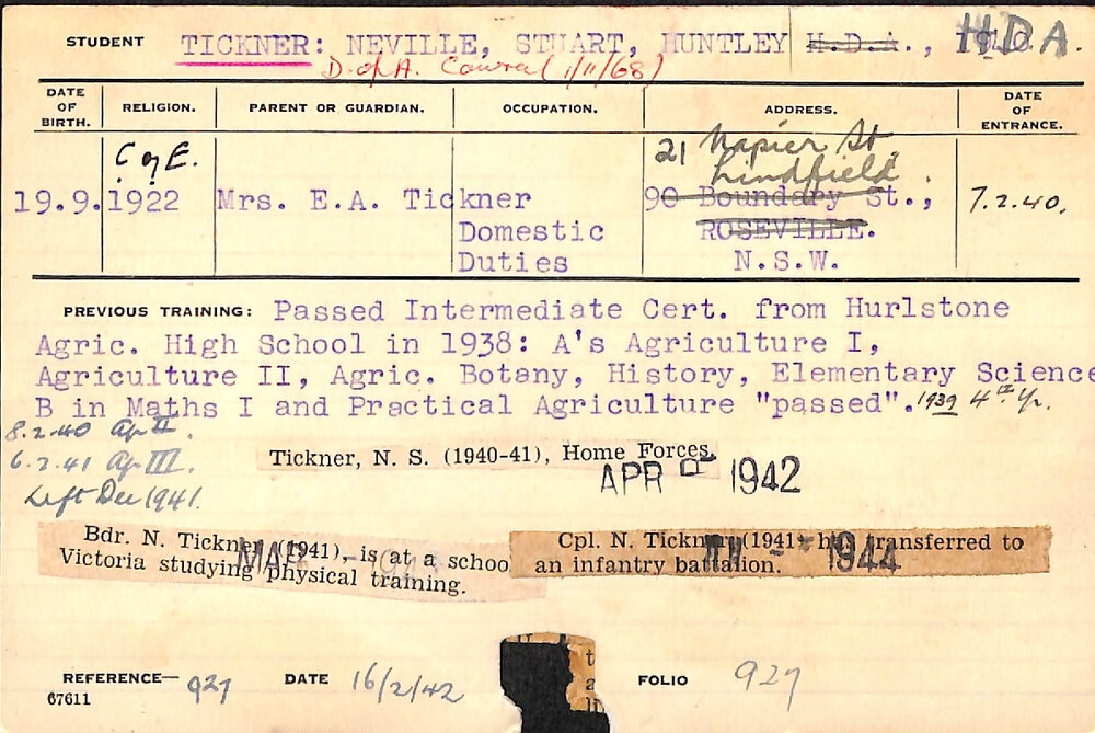 Tickner, Neville Stuart Huntley (Hawkesbury Diploma of Agriculture (HDA))