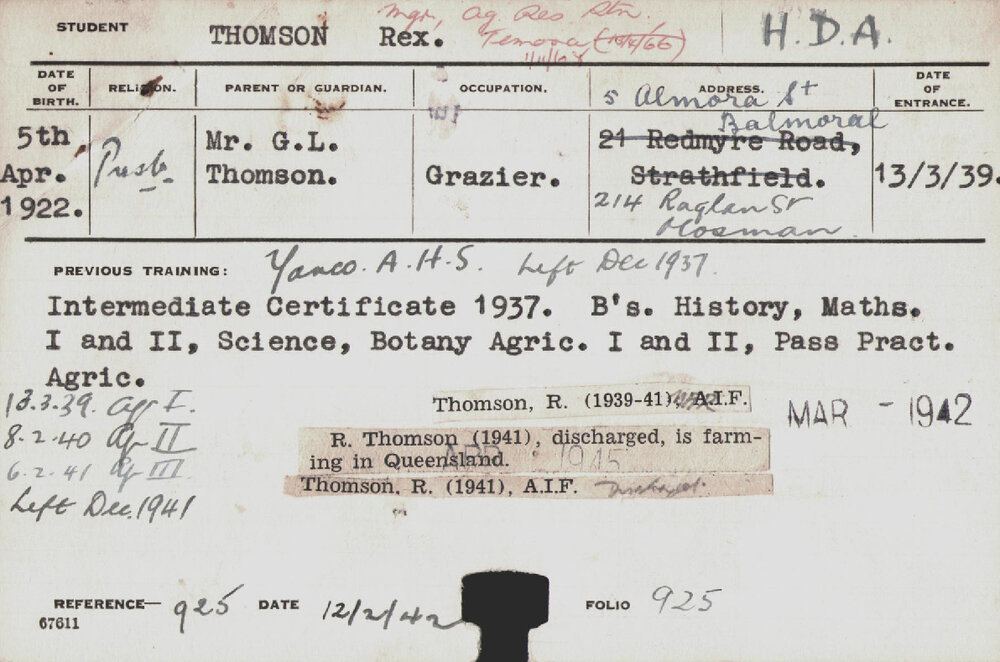 Thomson, Rex (Hawkesbury Diploma of Agriculture (HDA))
