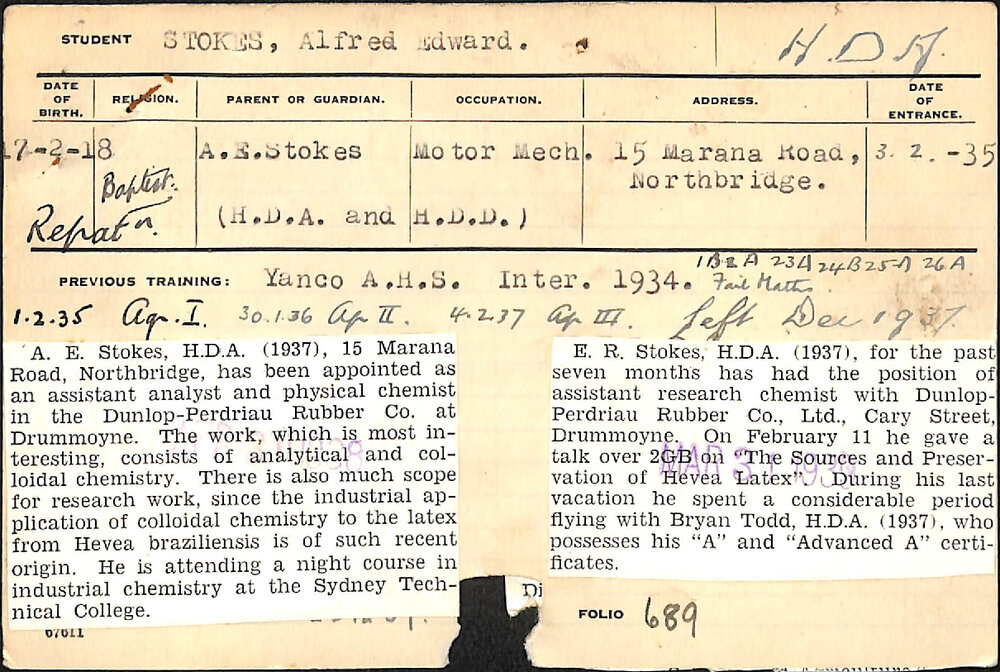 Stokes, Alfred Edward (Hawkesbury Diploma of Agriculture (HDA))