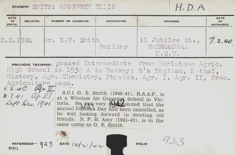 SMITH, Geoffrey Ellis (Hawkesbury Diploma of Agriculture (HDA))