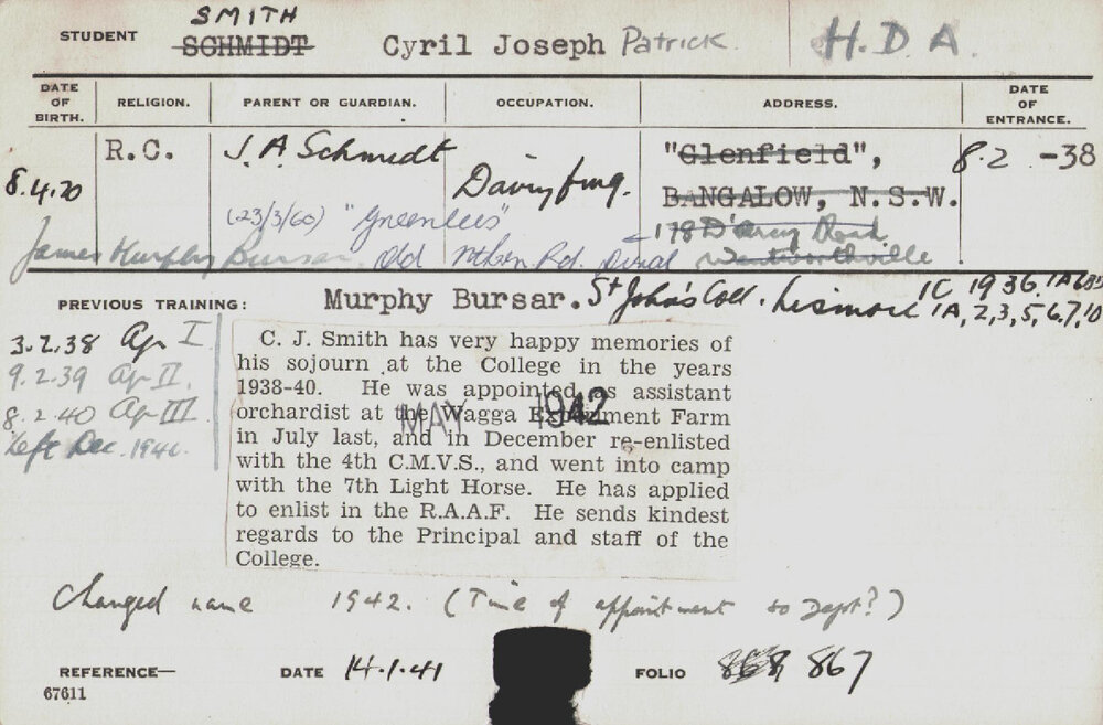SMITH (SCHMIDT), Cyril Joseph Patrick (Hawkesbury Diploma of Agriculture (HDA))