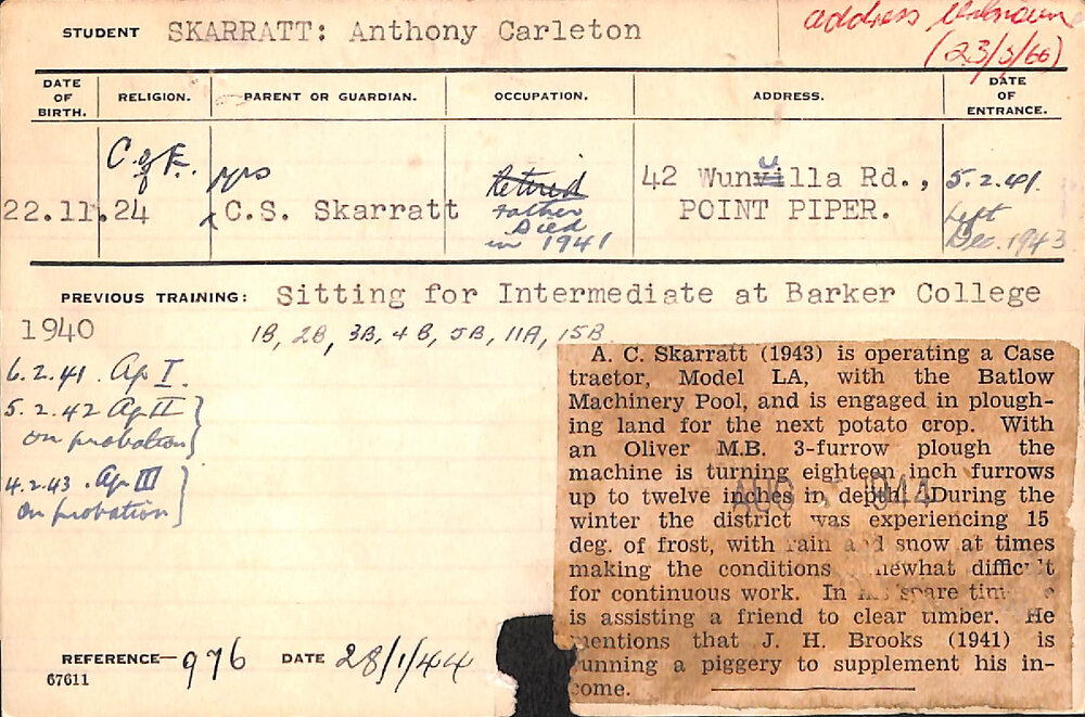 SKARRATT, Anthony Carleton (Hawkesbury Diploma of Agriculture (HDA))