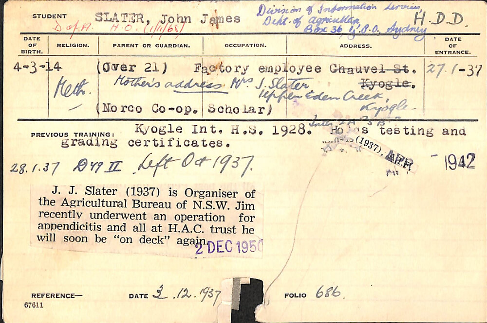 SLATER, John James (Hawkesbury Diploma in Dairy (HDD))