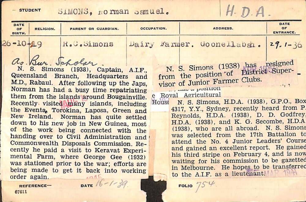 SIMONS, Norman Samuel (Hawkesbury Diploma of Agriculture (HDA))