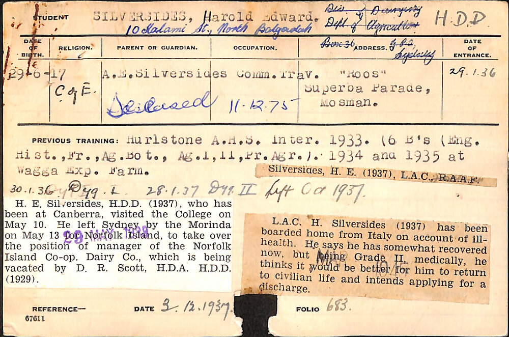 SILVERSIDES, Harold Edward (Hawkesbury Diploma in Dairy (HDD))
