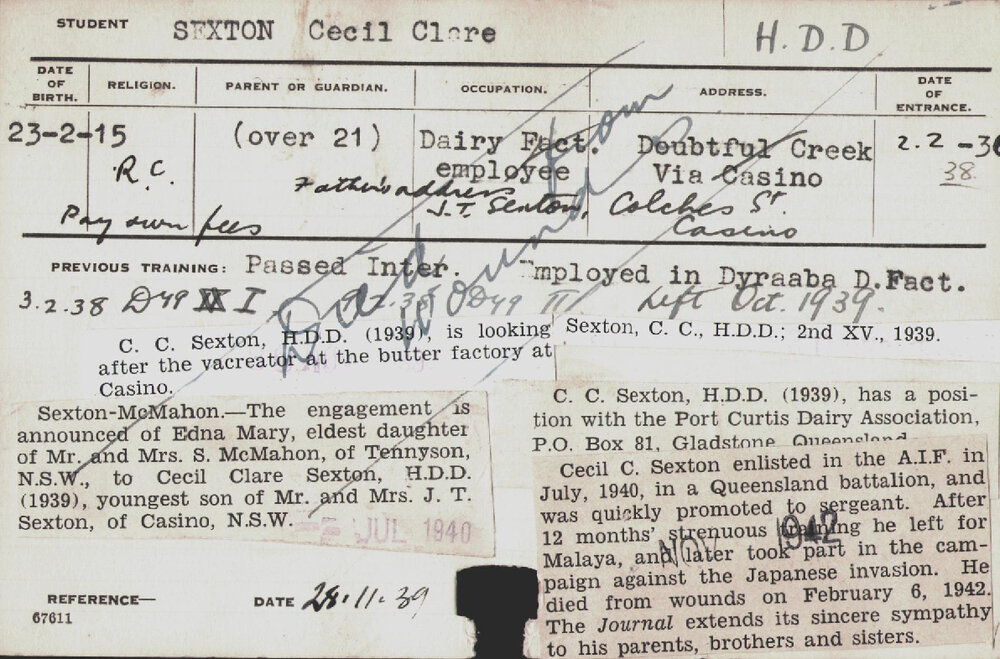 SEXTON, Cecil Clare (Hawkesbury Diploma in Dairy (HDD))