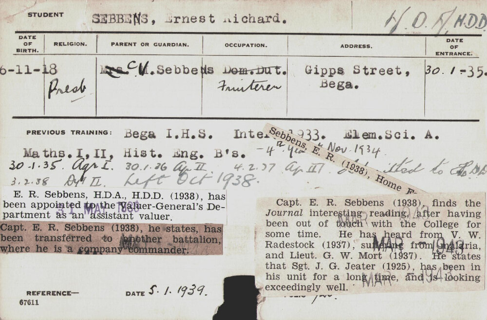 SEBBENS, Ernest Richard (Hawkesbury Diploma of Agriculture (HDA)/ Hawkesbury Diploma in Dairy (HDD))