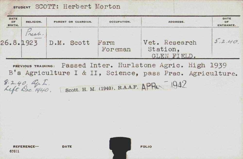 SCOTT, Herbert Morton (Hawkesbury Diploma of Agriculture (HDA))