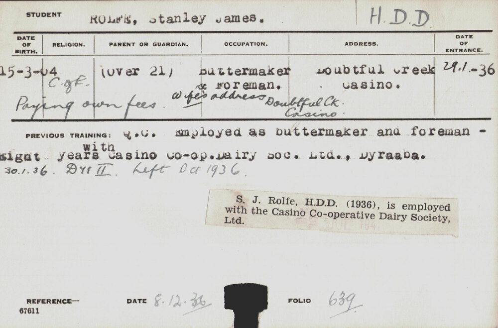 ROLFE, Stanley James (Hawkesbury Diploma in Dairy (HDD))