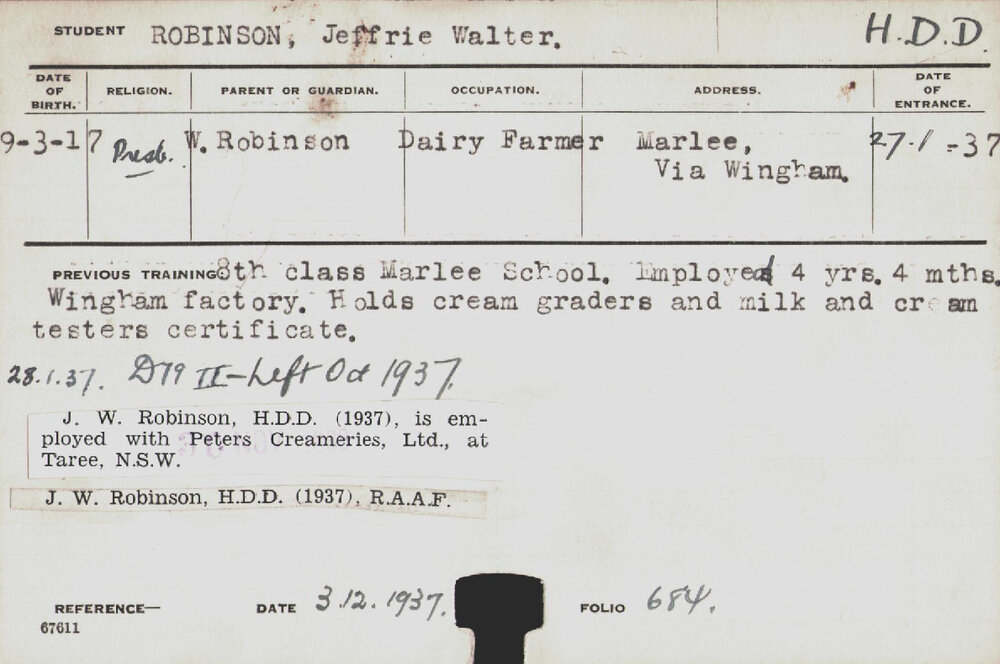 ROBINSON, Jeffrie Walter (Hawkesbury Diploma in Dairy (HDD))