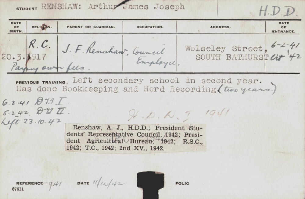 RENSHAW, Arthur James Joseph (Hawkesbury Diploma in Dairy (HDD))