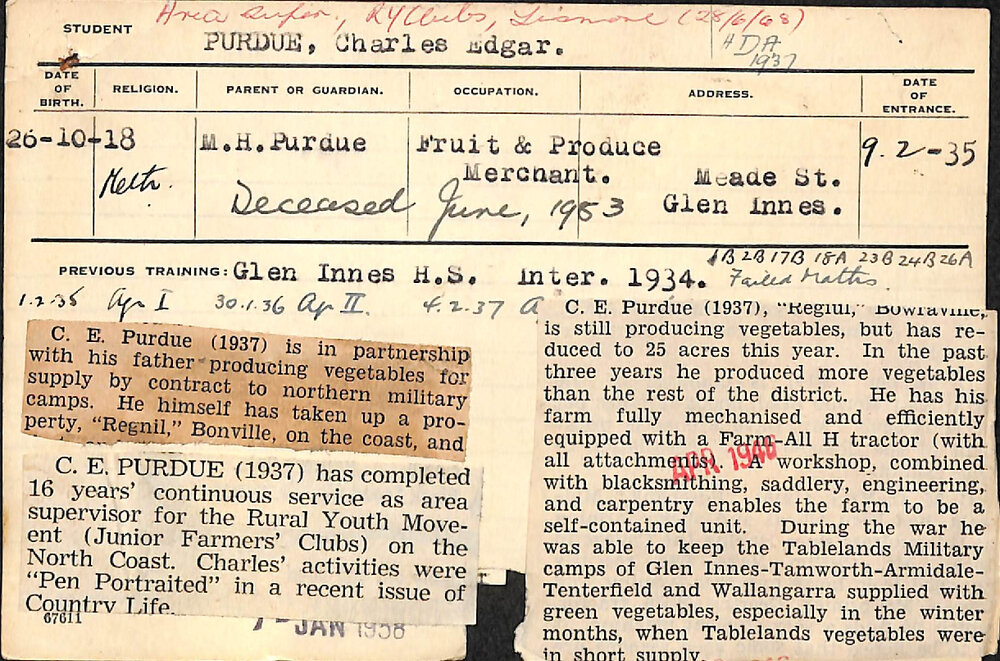 PURDUE, Charles Edgar (Hawkesbury Diploma of Agriculture (HDA))