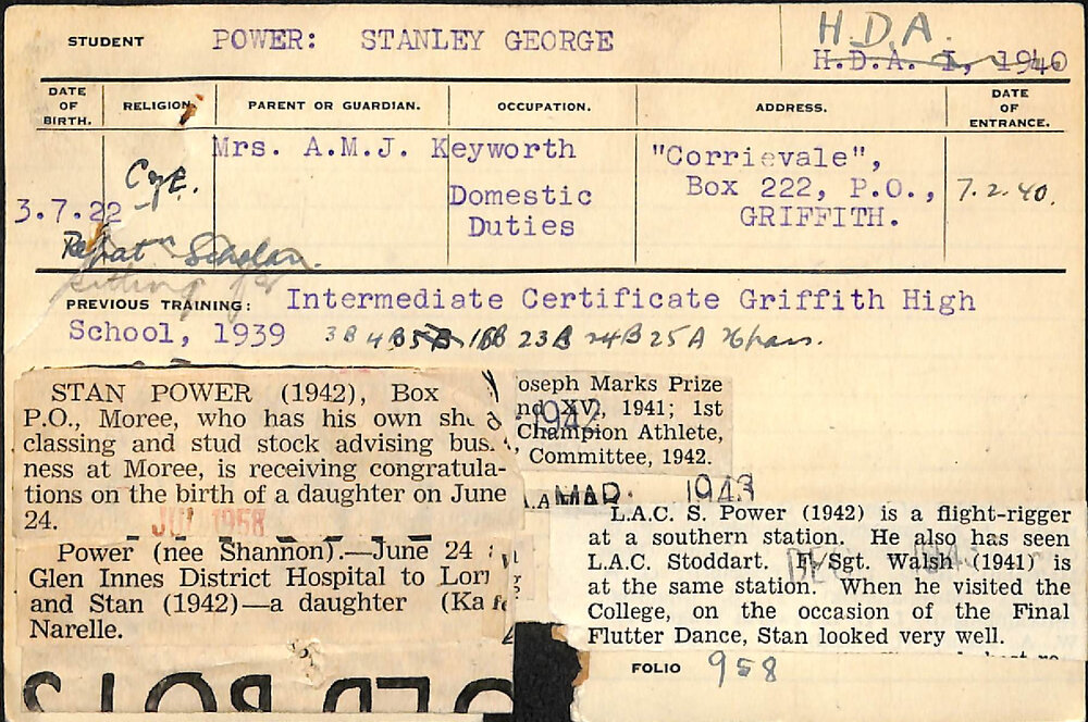 POWER, Stanley George (Hawkesbury Diploma of Agriculture (HDA))