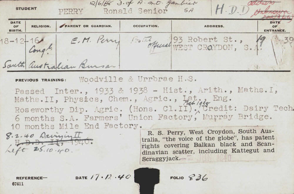 PERRY, Ronald Senior (Hawkesbury Diploma in Dairy (HDD))