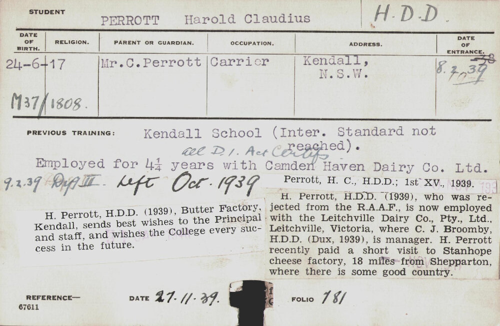 PERROTT, Harold Claudius (Hawkesbury Diploma in Dairy (HDD))