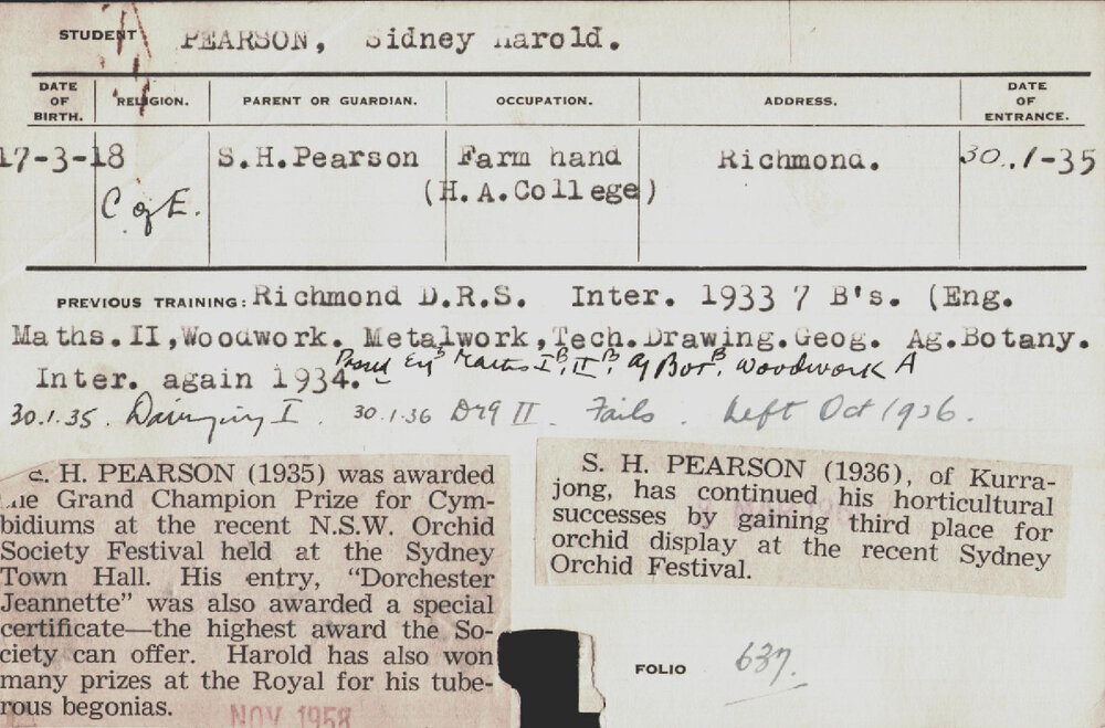 PEARSON, Sidney Harold (Hawkesbury Diploma in Dairy (HDD))