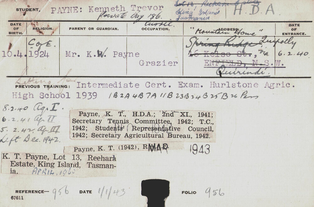 PAYNE, Kenneth Trevor (Hawkesbury Diploma of Agriculture (HDA))