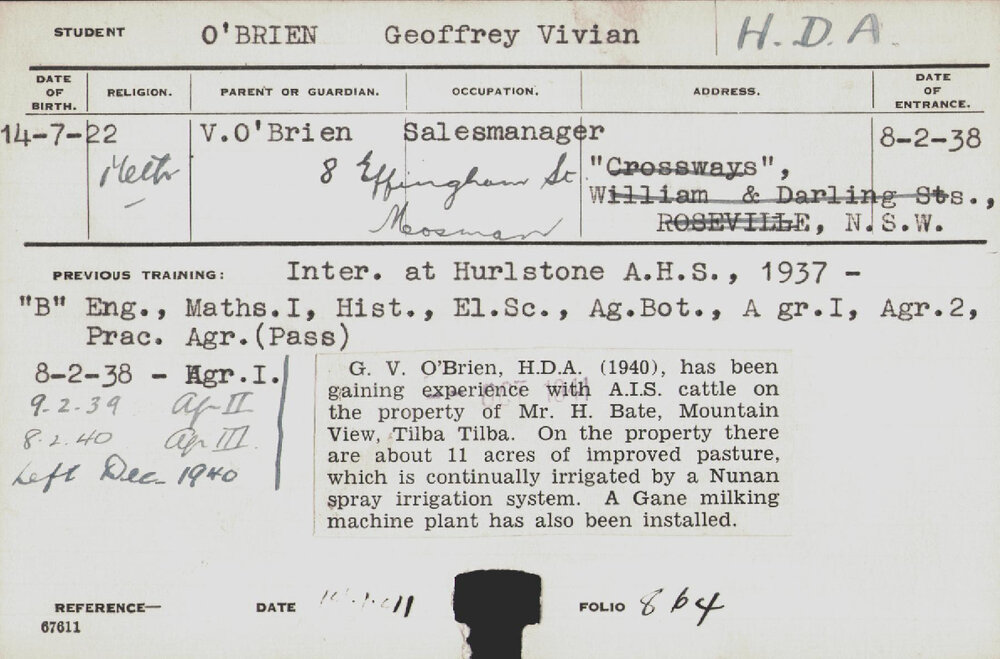 O'BRIEN, Geoffrey Vivian (Hawkesbury Diploma of Agriculture (HDA))
