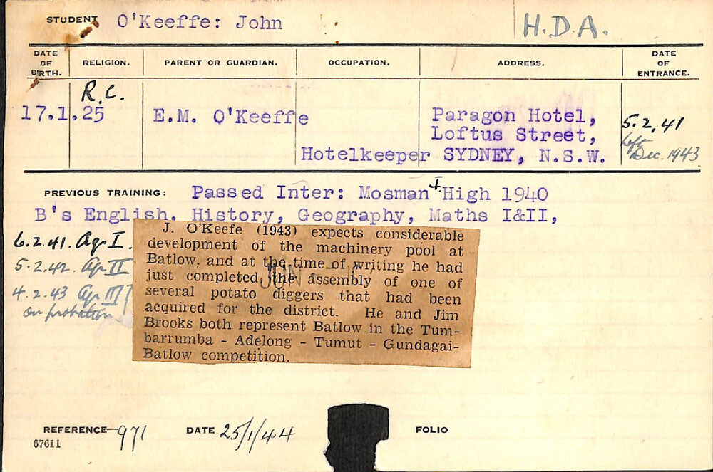 O'KEEFE, John (Hawkesbury Diploma of Agriculture (HDA))