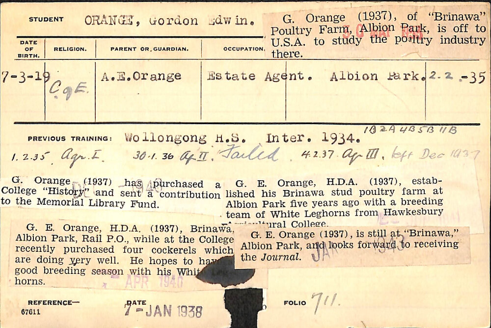 ORANGE, Gordon Edwin (Hawkesbury Diploma of Agriculture (HDA))