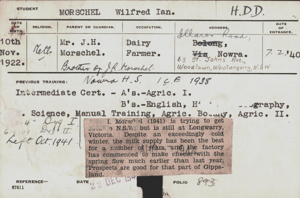 MORSCHEL, Wilfred Ian (Hawkesbury Diploma in Dairy (HDD))