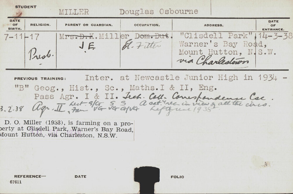 MILLER, Douglas Osbourne (Hawkesbury Diploma of Agriculture (HDA))