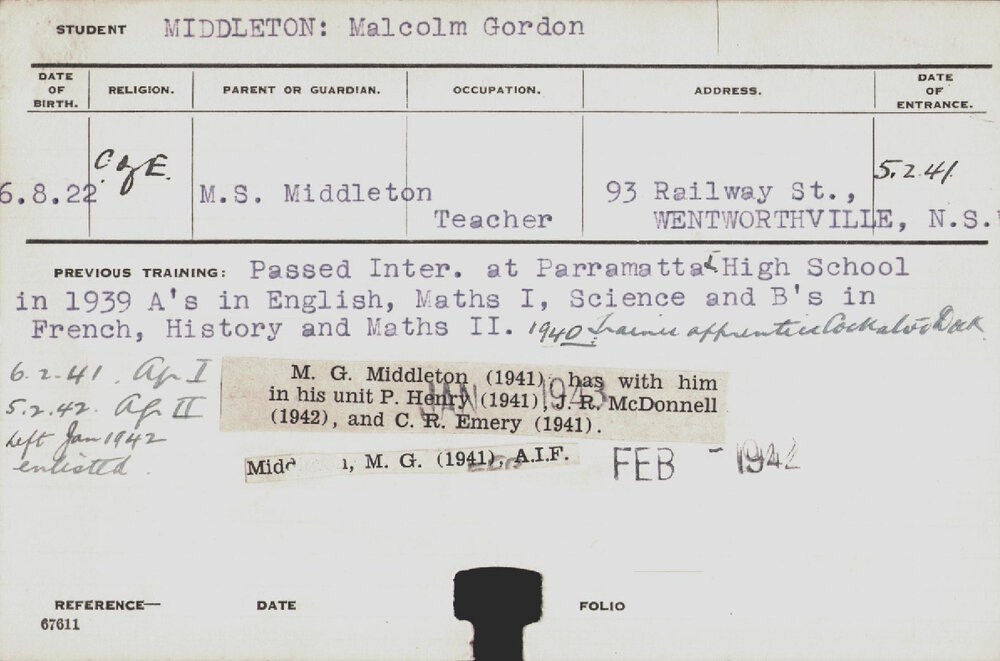 MIDDLETON, Malcolm Gordon (Course Not Identified)