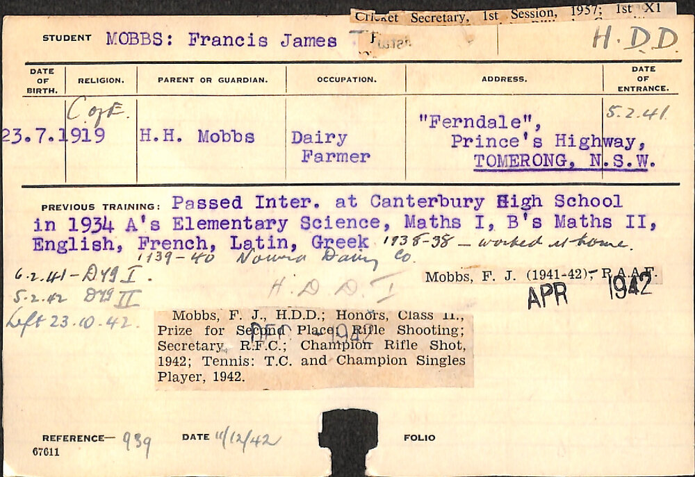MOBBS, Francis James (Hawkesbury Diploma in Dairy (HDD))