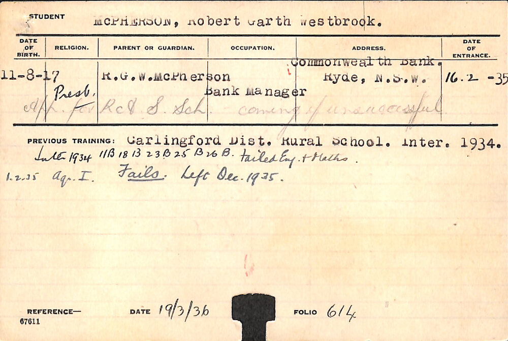 MCPHERSON, Robert Garth Westbrook (Hawkesbury Diploma of Agriculture (HDA))