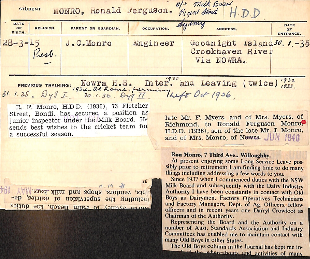 MONRO, Ronald Ferguson (Hawkesbury Diploma in Dairy (HDD))