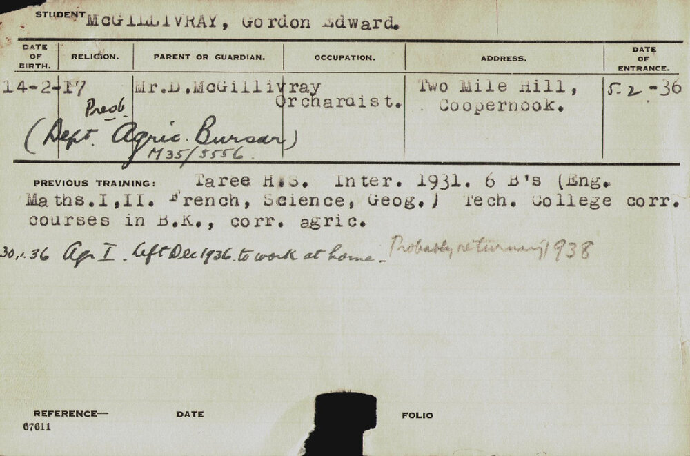 MCGILLIVRAY, Gordon Edward (Hawkesbury Diploma of Agriculture (HDA))