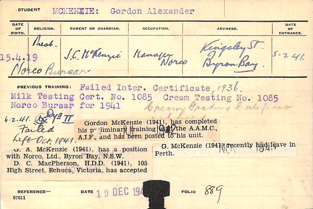 MCKENZIE, Gordon Alexander (Hawkesbury Diploma in Dairy (HDD))