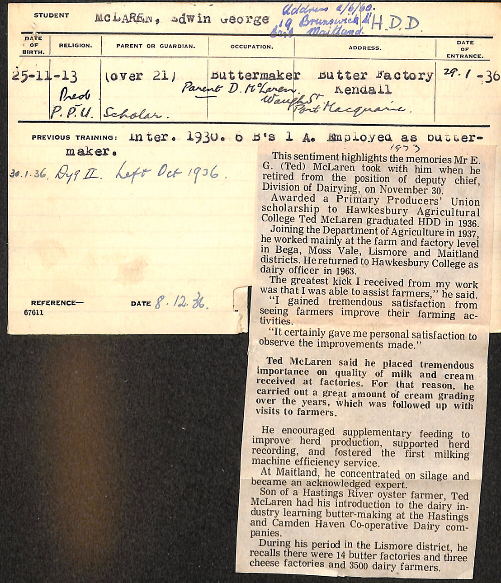 McLAREN, Edwin George (Hawkesbury Diploma in Dairy (HDD))