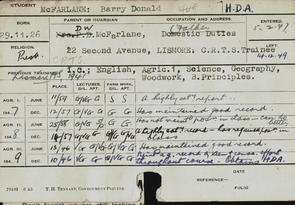 MCFARLANE, Barry Donald (Hawkesbury Diploma of Agriculture (HDA))
