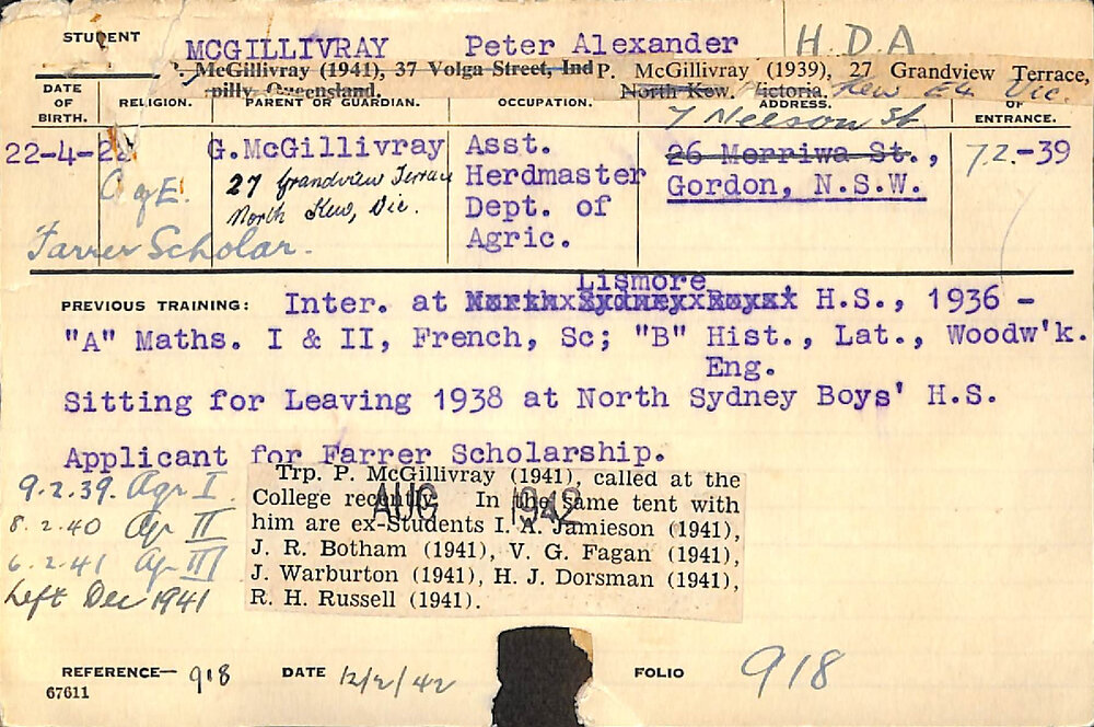 MCGILLIVRAY, Peter Alexander (Hawkesbury Diploma of Agriculture (HDA))