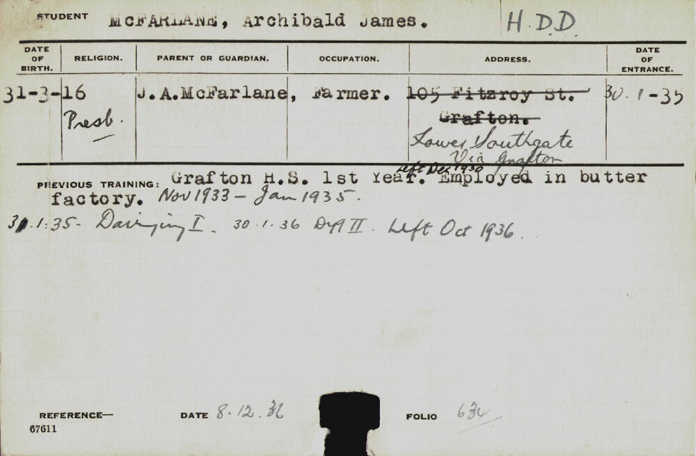 MCFARLANE, Archibald James (Hawkesbury Diploma in Dairy (HDD))