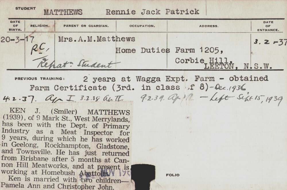 MATTHEWS, Rennie Jack Patrick (Hawkesbury Diploma of Agriculture (HDA))
