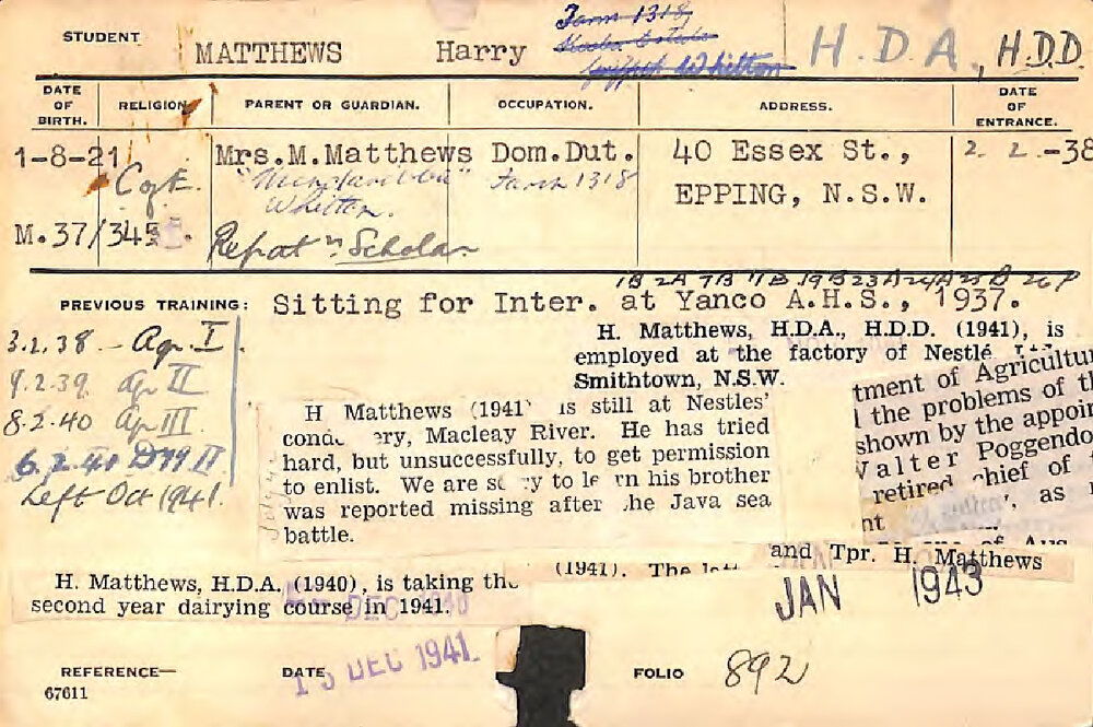 MATTHEWS, Harry (Hawkesbury Diploma of Agriculture (HDA)/ Hawkesbury Diploma in Dairy (HDD))