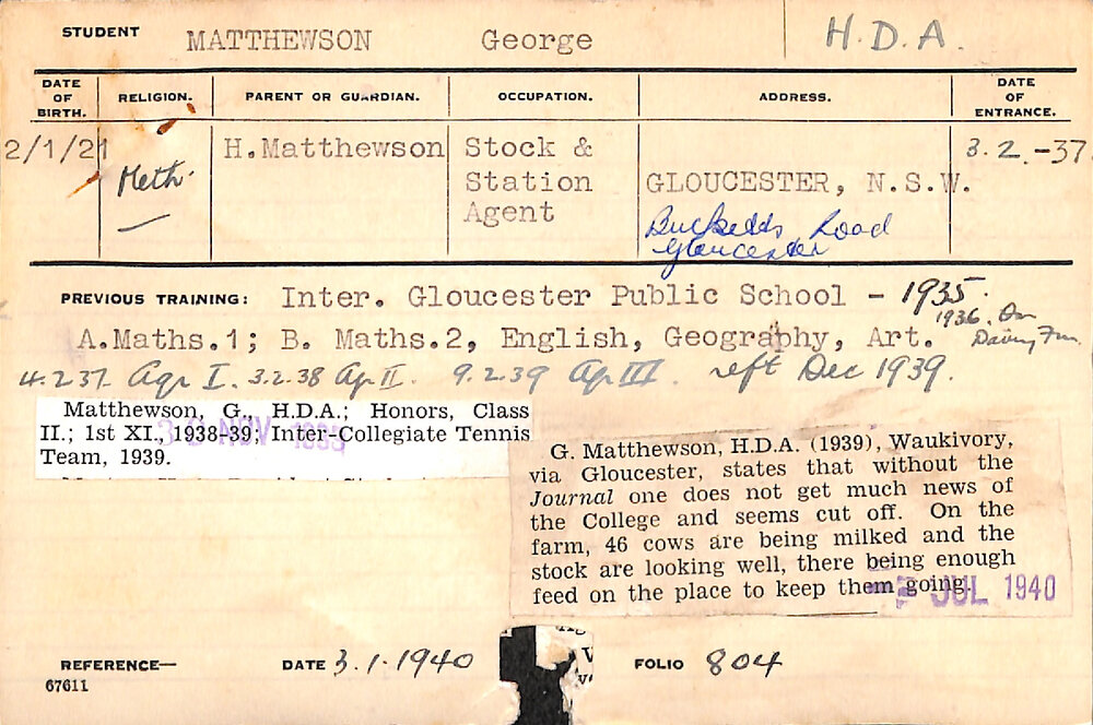 MATTHEWSON, George (Hawkesbury Diploma of Agriculture (HDA))